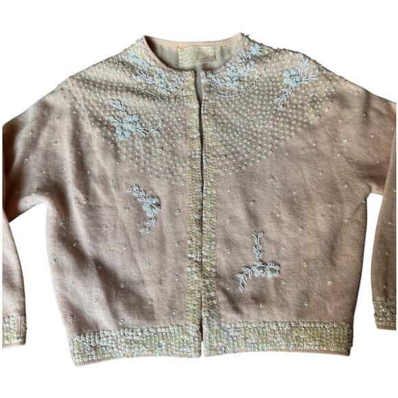 Vintage Jo Ro Imports Angora Lamb Wool Beaded Sequin pink white Cardigan small - Picture 16 of 16